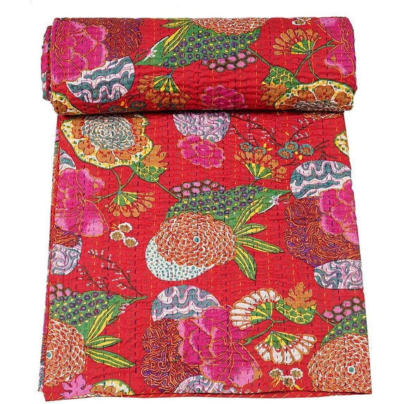 Indian Handmade Cotton Orange Fruit Print Kantha Quilt Tribal Bed Cover Bedspread Blanket Picnic Throw Floral Coverlet