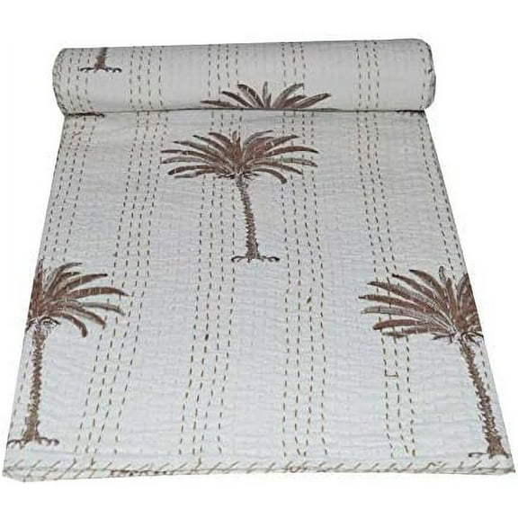 Indian Handmade Cotton Palm Tree Design Block Print Queen Kantha Throw Blanket Bedspread, 90x108 Inch