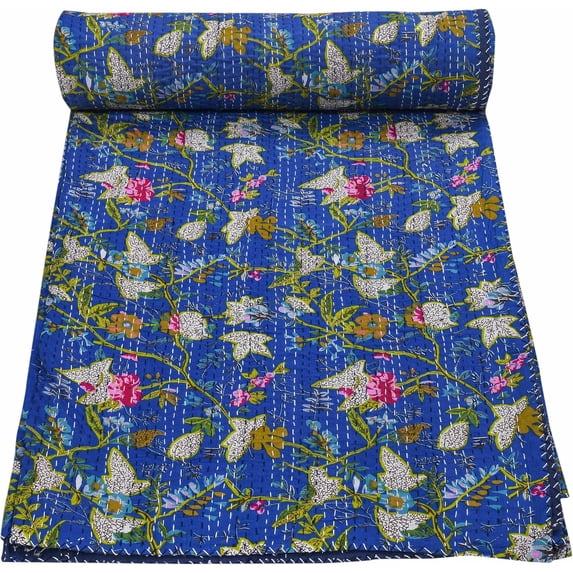 Indian Handmade Cotton Paradise Print Kantha Quilt Tribal Bed Cover Bedspread Blanket Picnic Throw Coverlet Reverisble Bed Throw(Blue Queen 90X108 Inches)