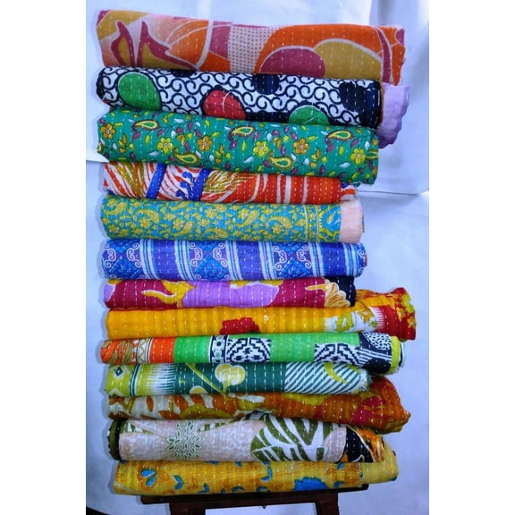 Indian Handmade Cotton Vintage Kantha Quilt Bohemian Reversible Sari Kantha Bed Throw - Sets of 01 PC
