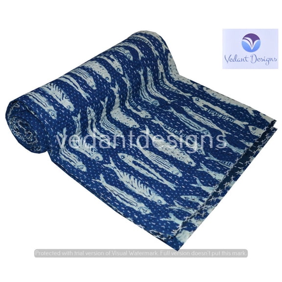 Indian Handmade Fish Print Kantha Quilt Throw Cotton Blanket Queen Bedspread