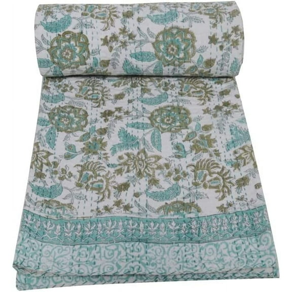 Indian Handmade Floral Cotton Pattern Kantha Bedspread, Kantha Quilt, BedCover, Blanket Throw Perfect for Gifting Kantha Gudari 