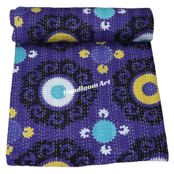 Indian Handmade Floral Kantha Quilt, Purple Floral Pattern, Cotton Throw Blanket Size (Twin Size - 60" x 90")