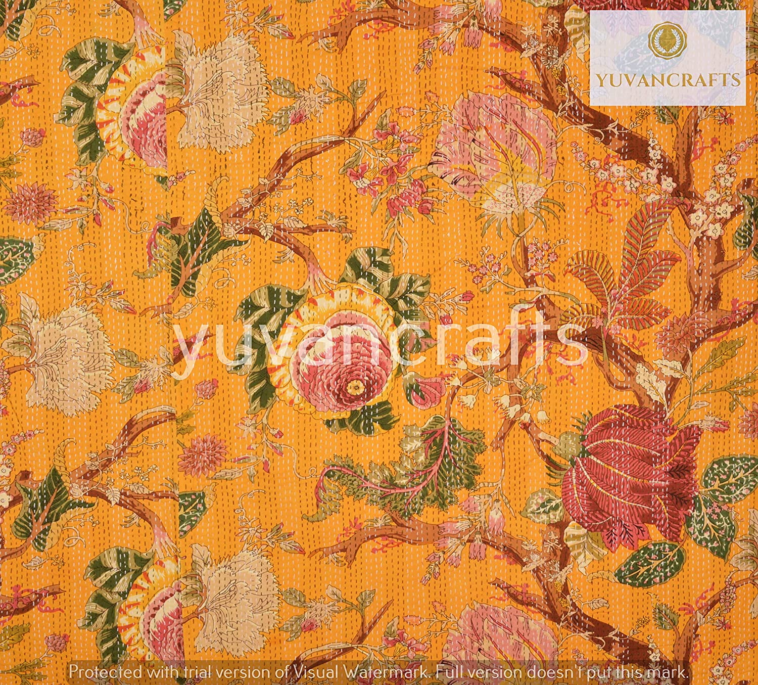 Indian Handmade Floral Print Kantha Bedspread, Kantha Quilt, BedCover