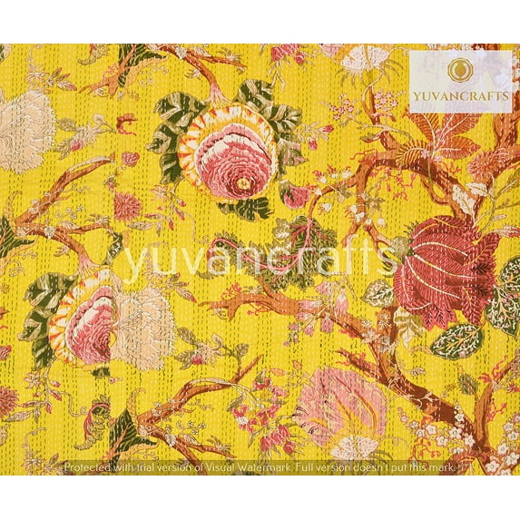 Indian Handmade Floral Print Kantha Bedspread, Kantha Quilt, BedCover, Blanket Throw Cotton Quilt Queen Size Quilt