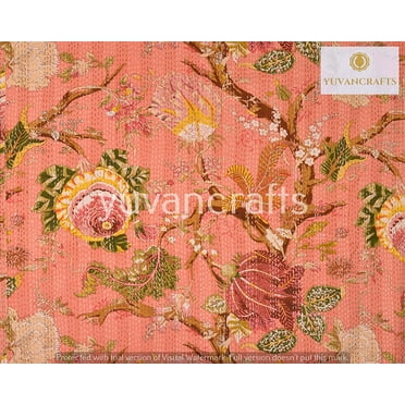Indian Handmade Floral Print Kantha Bedspread, Kantha Quilt, BedCover, Blanket Throw Cotton Quilt Queen Size Quilt