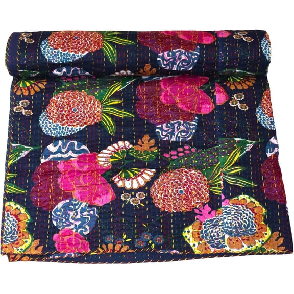 Indian Handmade Floral Print Kantha Quilt, Bedspread , Blanket Size ( Double 90" x 108" )