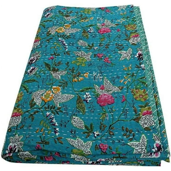 Indian Handmade Floral Print Kantha Quilt, Bedspread , Blanket Size ( Double 90" x 108" )