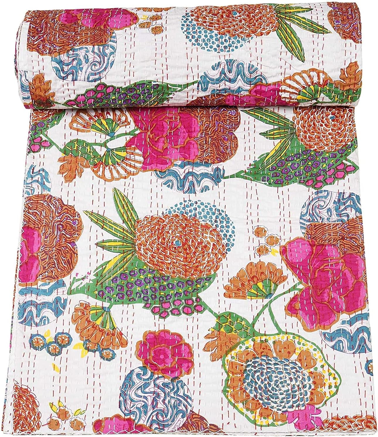 Indian Handmade Floral Print Kantha Quilt, Bedspread , Blanket Size ( Double 90" x 108" )