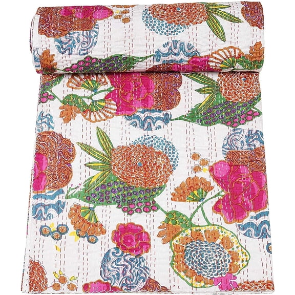 Indian Handmade Floral Print Kantha Quilt, Bedspread , Blanket Size ( Double 90" x 108" )