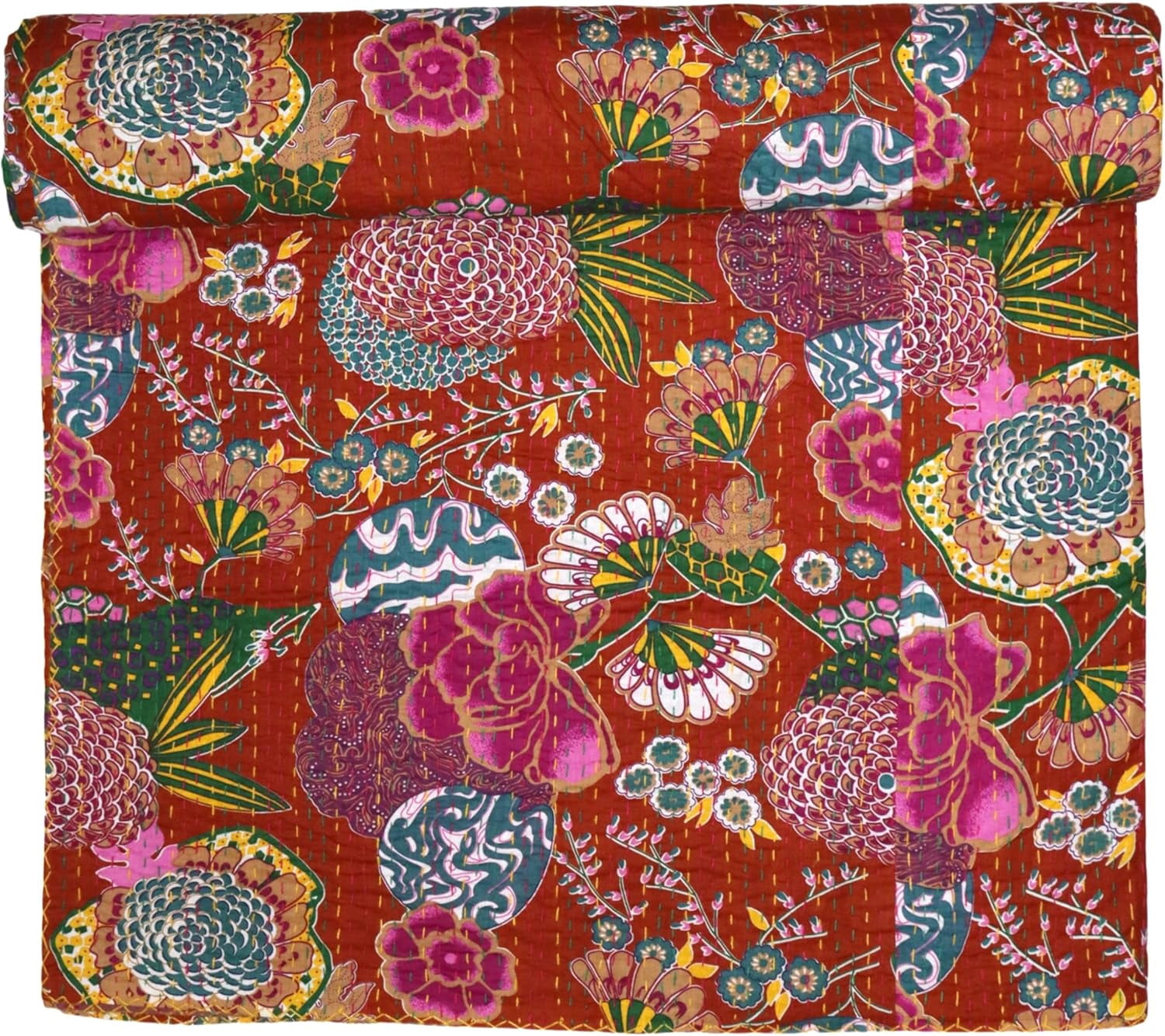 Indian Handmade Floral Print Kantha Quilt, Bedspread , Blanket Size ( King 108" x 108" )