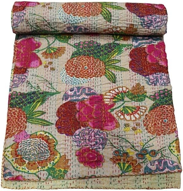 Indian Handmade Floral Print Kantha Quilt, Bedspread , Blanket Size ( King 108" x 108" )