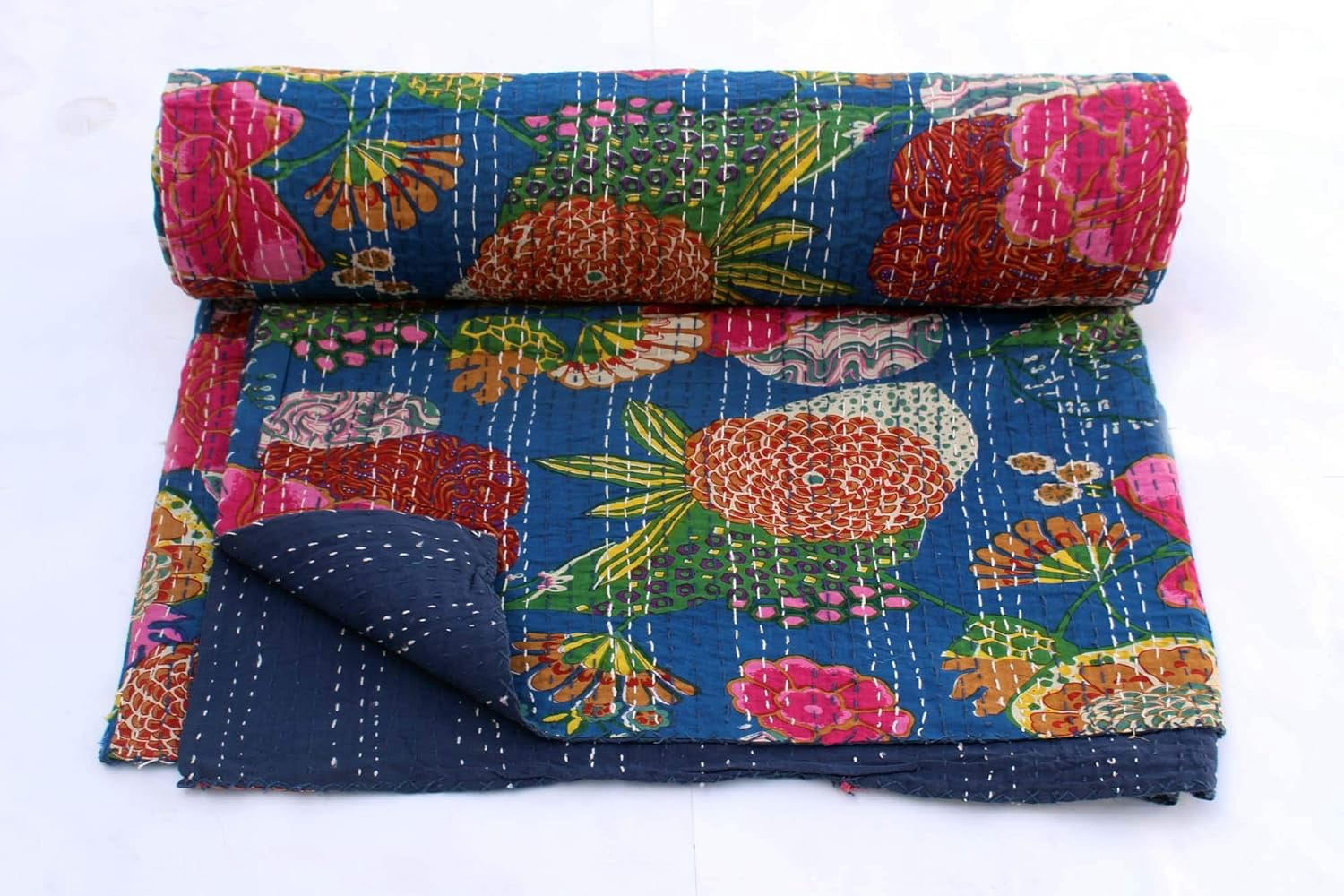 Indian Handmade Floral Print Kantha Quilt, Bedspread , Blanket Size ( King 108" x 108" )