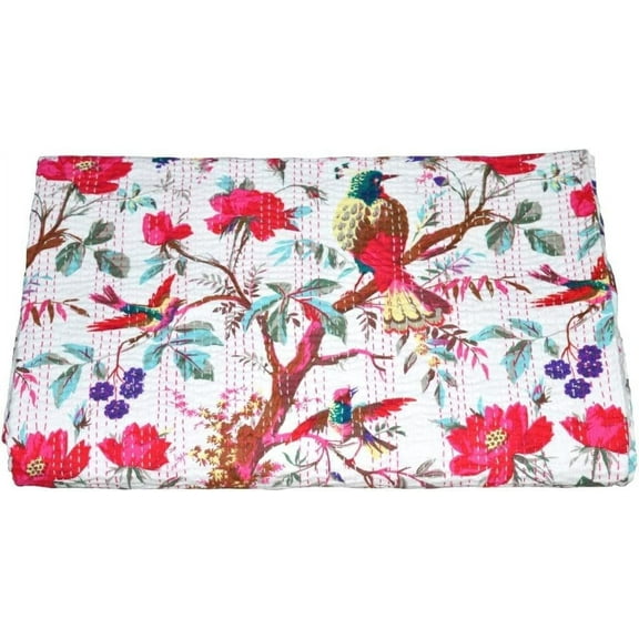 Indian Handmade Floral Print Kantha Quilt, Bedspread , Blanket Size ( Single 60" x 90" )