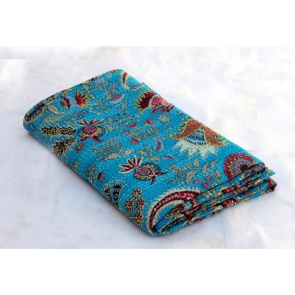 Indian Handmade Floral Print Kantha Quilt, Bedspread , Blanket Size ( Single 60" x 90" )