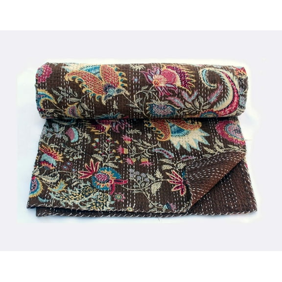 Indian Handmade Floral Print Kantha Quilt, Bedspread , Blanket Size ( Single 60" x 90" )