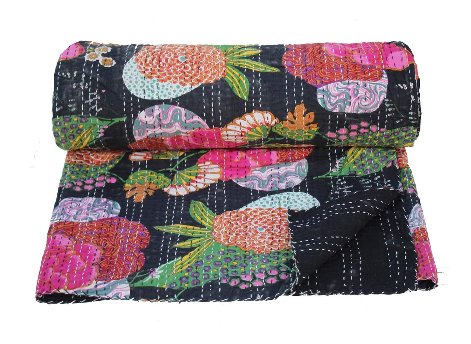Indian Handmade Floral Print Kantha Quilt, Bedspread , Blanket Size ( Single 60" x 90" )