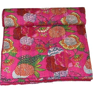 Handmade Indian Pink Floral Kantha Quilt – King Size Cotton Bedspread, 108x90"