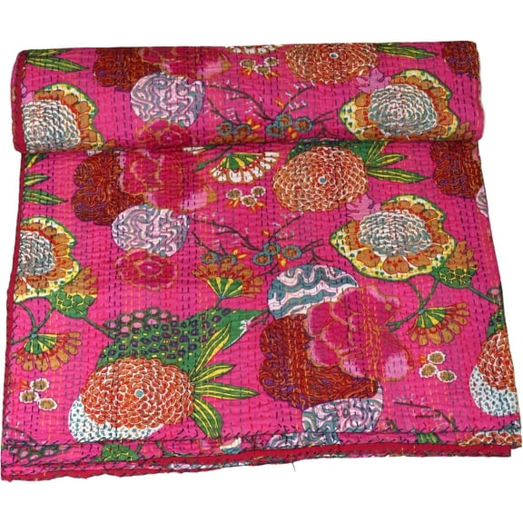 Indian Handmade Floral Print Kantha Quilt, Bedspread , Blanket Size ( Single 60" x 90" )