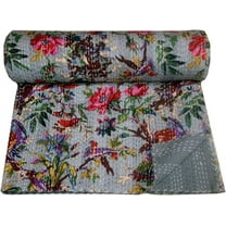 Indian Handmade Floral Print Kantha Quilt, Bedspread , Blanket Size ( Single 60" x 90" )