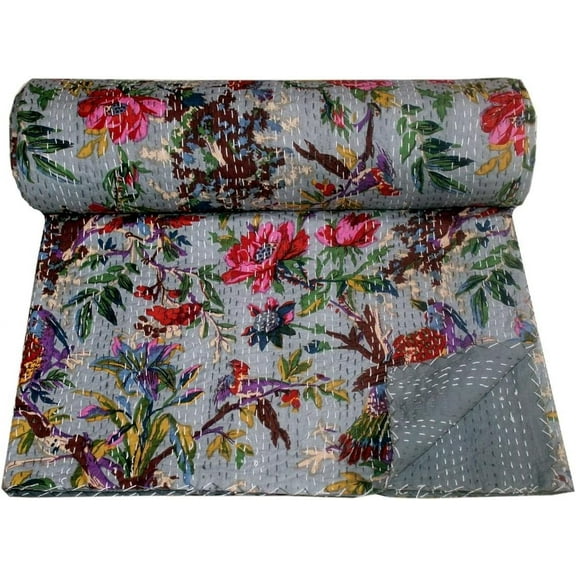 Indian Handmade Floral Print Kantha Quilt, Bedspread , Blanket Size ( Single 60" x 90" )