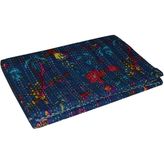 Indian Handmade Floral Print Kantha Quilt, Bedspread , Blanket Size ( Single 60" x 90" )