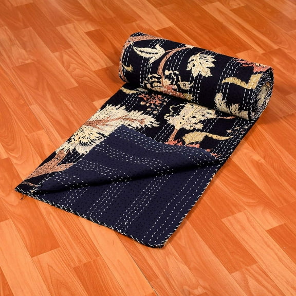 Indian Handmade Floral Print Kantha Quilt Pure Cotton Black Color Kantha Throw Blanket Bedspread Coverlet Queen Size 90x108 Inch