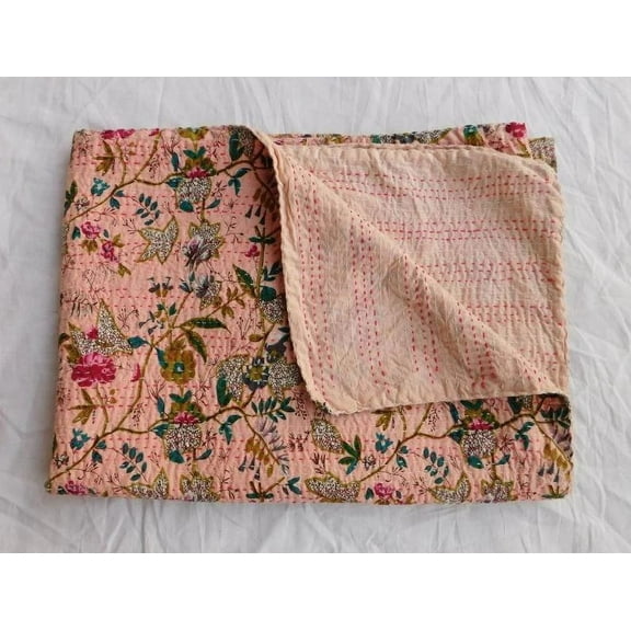 Indian Handmade Floral Print Pure kantha quilt vintage quilt cotton Throw Bedding Kantha Bedcover King Size 90x60 Inch
