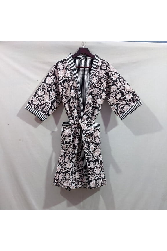 Kimono Jacket Women's Floral Printed Cotton Sleepwear Robe, Black 1-Pack
