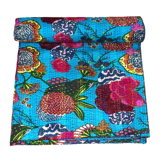 Indian Handmade Fruit Print Cotton Kantha Quilt , Village Gudri Size (King - 108" x 108")