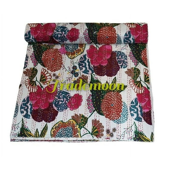 Indian Handmade Fruit Print Cotton Kantha Quilt , Village Gudri Size (King - 108" x 108")