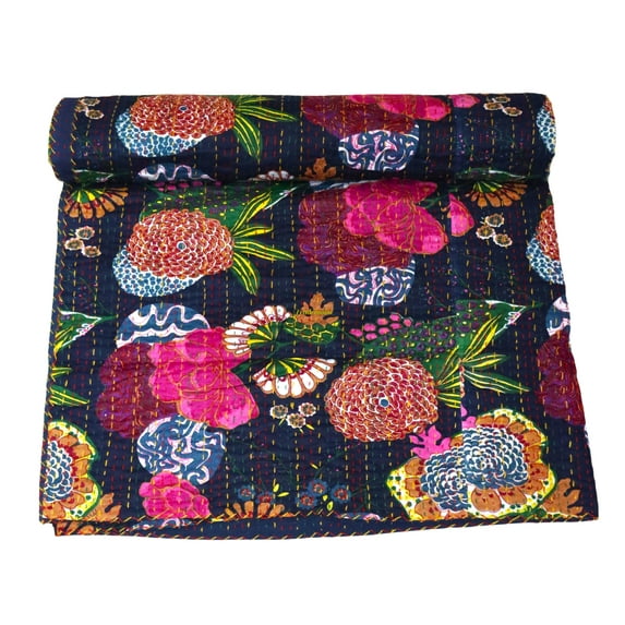 Indian Handmade Fruit Print Cotton Kantha Quilt , Village Gudri Size (Queen Size - 90" x 108")