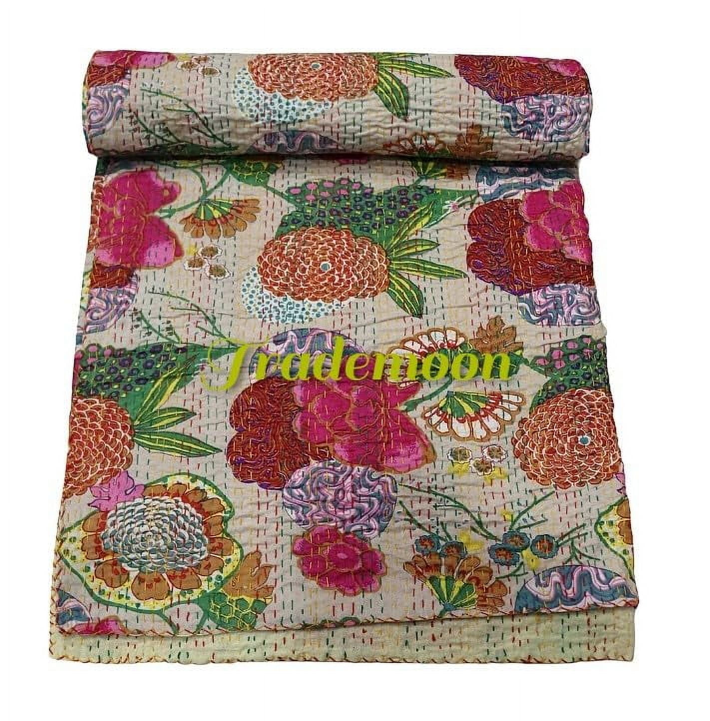 Sambhav Quilt Hub Queen/Twin/King Indiaas kastanjebruin fruit omkeerbaar spreipatroon Gudri puur katoen Kantha stijl quilt bloemen fruitprint decoratieve Kantha Stitch dekbed (108 x 108 inch