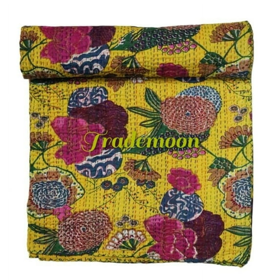 Indian Handmade Fruit Print Cotton Kantha Quilt , Village Gudri Size (Queen Size - 90" x 108")