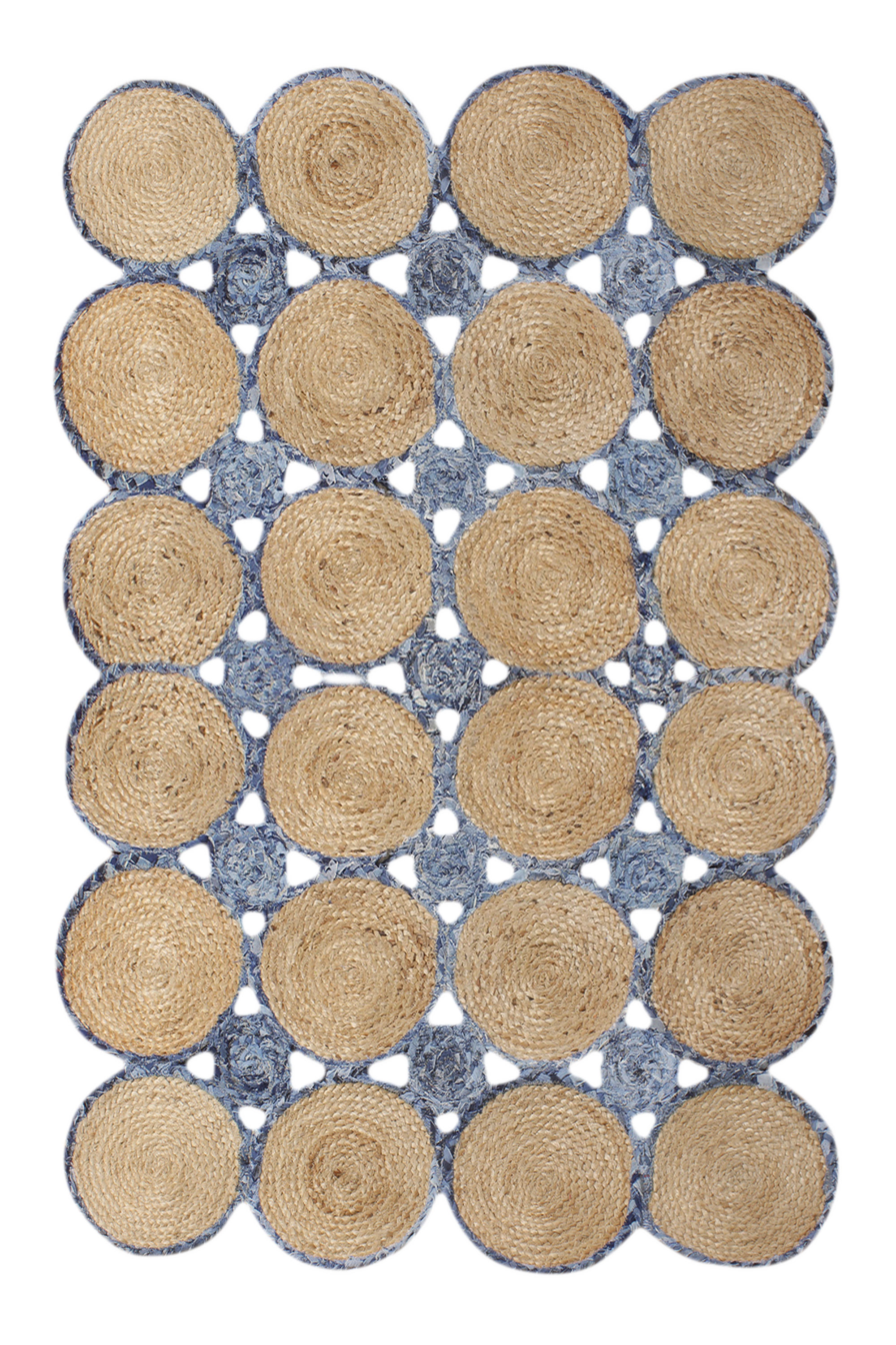 Indian Handmade Geometric Beige & Blue Jute Dhurrie Living Room Rug