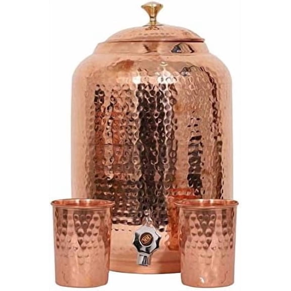 Indian Handmade Hand Hammered Pure Copper Water Dispenser Pot 4 Liter Ayurveda Healing Water Storage Tank Copper Bottle Mug Pitcher With 2 Hammered Glasses (8 Liter)$$Home Decor, Kitchen, & Other
