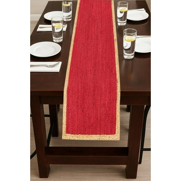 Indian Handmade Inner Red Jute Table Runner Rug – 14 x 144 – Indian Handwoven Dining Table Décor, Kitchen, Coffee Table – Bohemian Farmhouse Decor