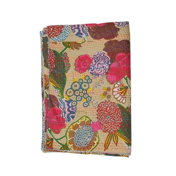 Indian Handmade Kantha Fruit Floral Print Bedding Bedspread Quilt Throw Pure Cotton Twin/Queen Size Blanket Bed Cover Gudri
