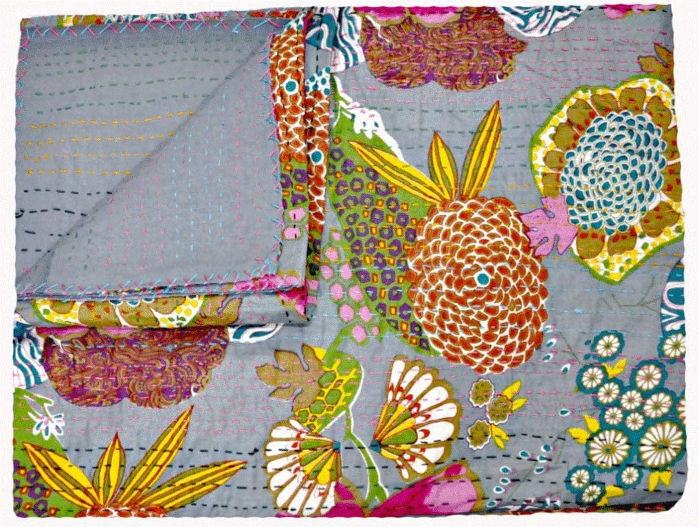 YUVANCRAFTS Indian Handmade Cotton Kantha Quilt - Twin Size 90x60 Inches, Ikat Print, Green, Traditional - View #13