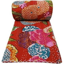 Indian Handmade Kantha Fruit Floral Print Bedding Bedspread Quilt Throw Pure Cotton Twin/Queen Size Blanket Bed Cover Gudri