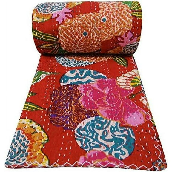 Indian Handmade Kantha Fruit Floral Print Bedding Bedspread Quilt Throw Pure Cotton Twin/Queen Size Blanket Bed Cover Gudri