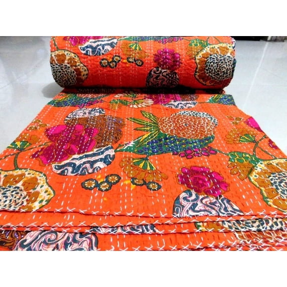 Indian Handmade Kantha Fruit Floral Print Bedding Bedspread Quilt Throw Pure Cotton Twin/Queen Size Blanket Bed Cover Gudri