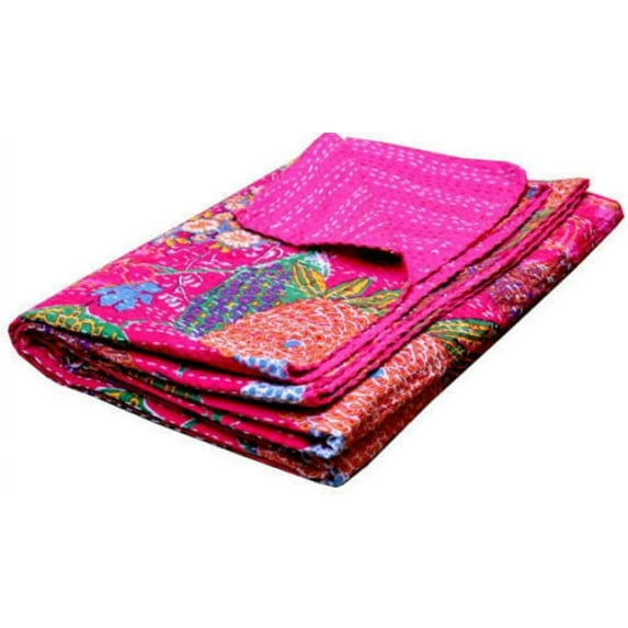 Indian Handmade Kantha Fruit Floral Print Bedding Bedspread Quilt Throw Pure Cotton Twin/Queen Size Blanket Bed Cover Gudri