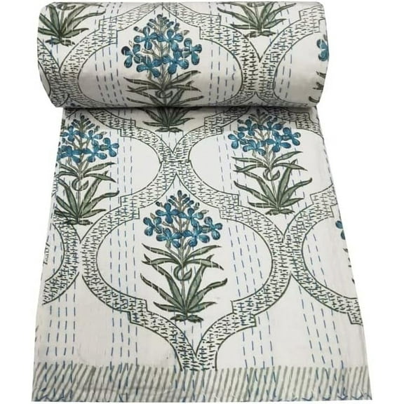 Indian Handmade Kantha Quilt Floral Print Bedding Bedspread Quilt Kantha Throw Pure Cotton Twin Size Blanket Bed Cover Gudri