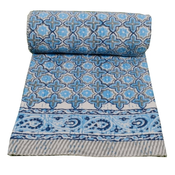 Indian Handmade Kantha Quilt Cotton Bedspread Queen Size Boho Block Print Blanket | Lightweight Kantha Quilt for Bedroom, Living Room & Home Decor