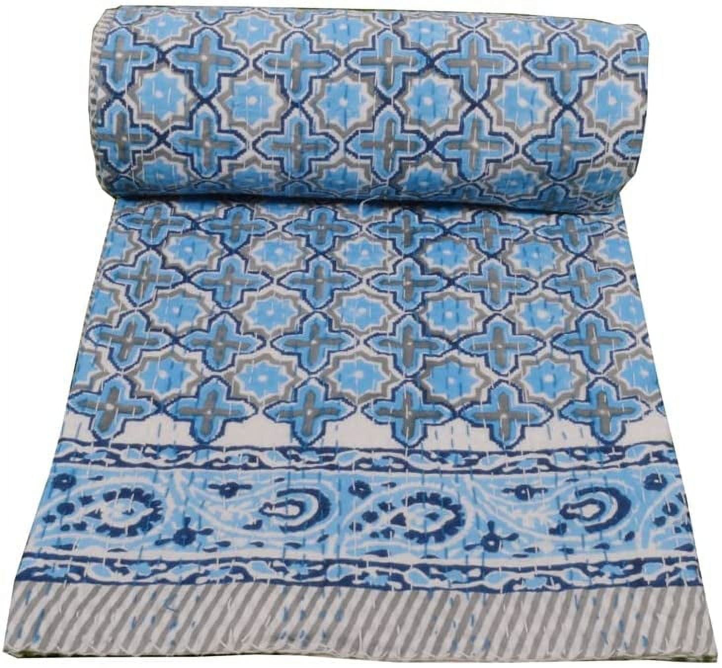 YUVANCRAFTS Indian Handmade Cotton Kantha Quilt - Twin Size 90x60 Inches, Ikat Print, Green, Traditional - View #3