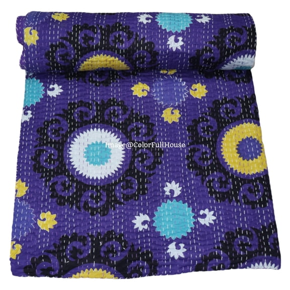 Indian Handmade Kantha Quilt, Purple Floral Pattern, Cotton Throw Blanket Size ( Double 90" x 108")