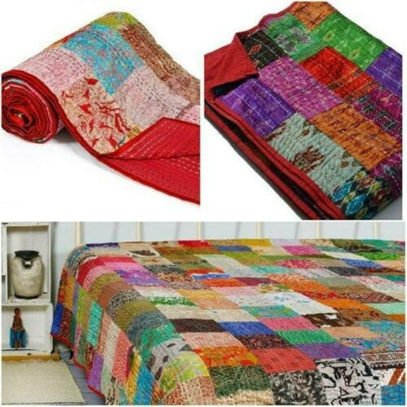 Indian Handmade Kantha Quilted Vintage Kantha Silk Quilt Boho Indian Patchwork Coverlet Throw Bedspread Blanket Bedcover Bedding Home Decorative Gudri