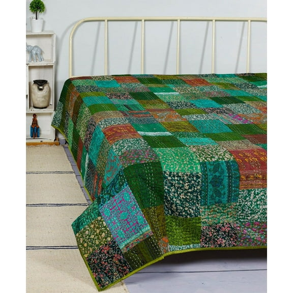 Indian Handmade Kantha Quilted Vintage Kantha Silk Quilt Boho Indian Patchwork Coverlet Throw Bedspread Blanket Bedcover Bedding Home Decorative Gudri