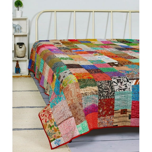 Indian Handmade Kantha Quilted Vintage Kantha Silk Quilt Boho Indian Patchwork Coverlet Throw Bedspread Blanket Bedcover Bedding Home Decorative Gudri